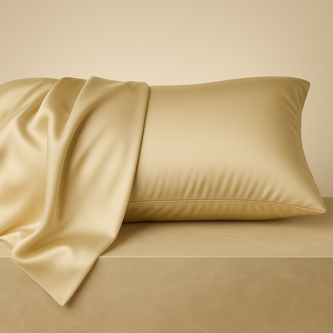 Nærbilde av Dusty Gold silkeputetrekk – glansfull finish og silkekvalitet som gir mindre friksjon og bedre søvn.