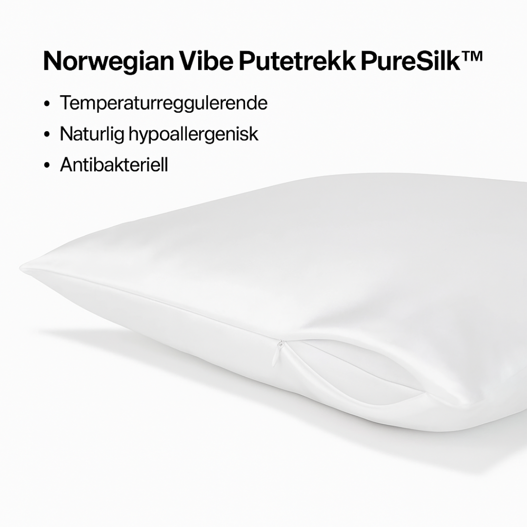Nærbilde av hvitt silkeputetrekk – luksuriøs glatt finish og sølvioner som beskytter hud og hår
