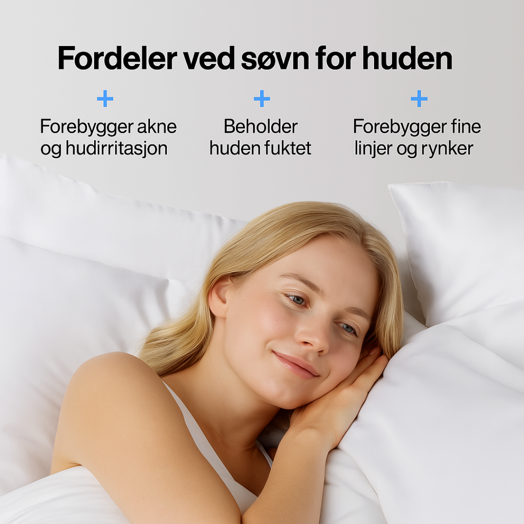 Hvitt silkeputetrekk i bruk – glatter ut håret, forhindrer ansiktsmerker og gir kjølende effekt