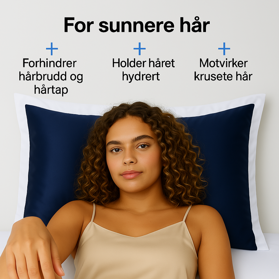 Silkeputetrekk i fargen midtnattsblå – reduserer friksjon, glatter ut håret og gir en kjølende, luksuriøs søvnopplevelse